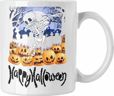 Produktbild von Trendation - Halloween Tasse Kürbis Dekoration Becher Happy Halloween Tanzen Skelet (Weiß)