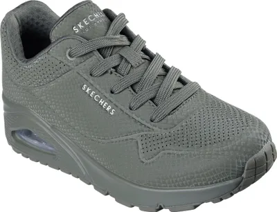A single gray Skechers sneaker is shown from a side-angle on a white background.