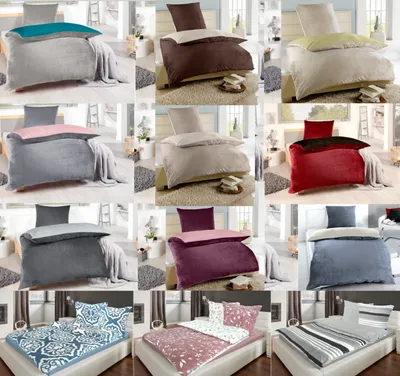 A collage of different bedding sets in various colors and patterns, displayed on beds in bedroom settings.