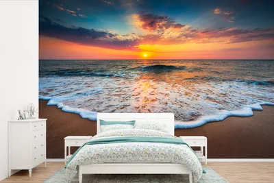 Produktbild von MuchoWow® Fototapete für Wohnzimmer oder Schlafzimmer Wandtapete Vinyl Motivtapete Strand - Meer - Sonnenuntergang - 450x300 cm - Gemusterte