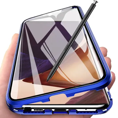 Immagine prodotto di Galaxy Note 20 Ultra Case, copertura completa in vetro temperato con assorbimento magnetico, telaio in metallo, custodia protettiva completa per Samsung Galaxy Note 20 Ultra Blue