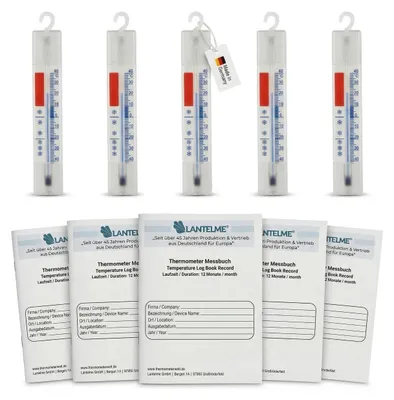 Produktbild von Je 5 Stück Temperatur Kontrollhefte mit Kühlschrankthermometer im Set Analog Thermometer + - 40°C mit Messbuch Logbuch Temperaurhefte für Lebensmittel