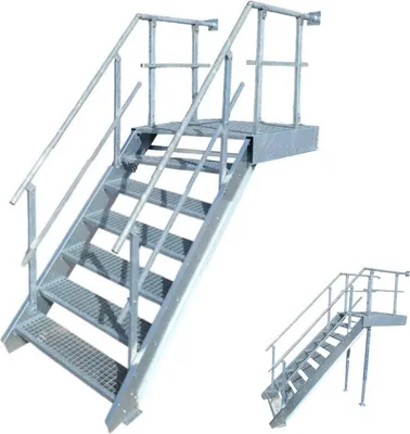 Produktbild von 6 Stufen + Podest Stahltreppe mit beids. Geländer / Stufenbreite 100cm / Geschosshöhe 100-140cm