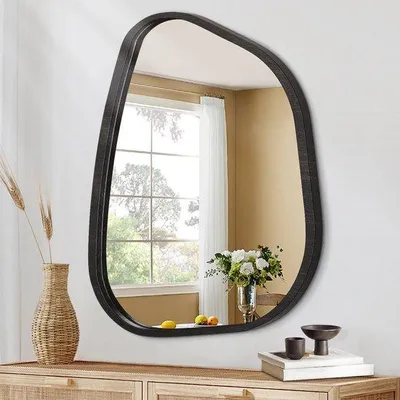 Image de Miroir mural elliptique de forme asymétrique, 50 x 40 cm, cadre moderne en bois, décoration murale pour l'entrée.