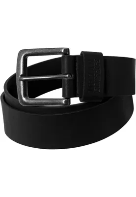 A black leather imitation belt with a silver buckle is laid out on a white background.