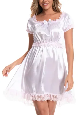 Imagen del producto de Camisón de satén para mujer, estilo "sissy", con encaje y volantes, color blanco, talla XXL