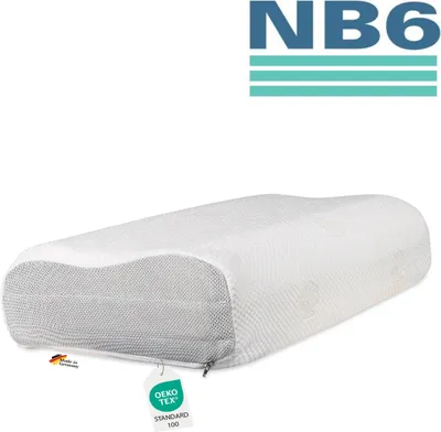 A white orthopedic pillow with a gray mesh side, presented on a white background. Text and logos are visible.