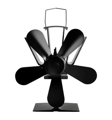 A black stove fan with five blades on a white background.