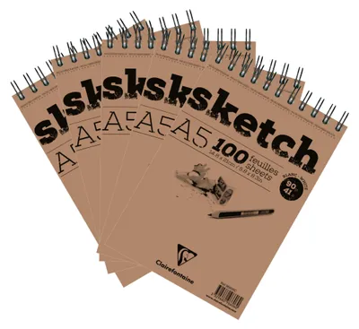 Zdjęcie produktu dla Szkicownik Clairefontaine 5-pack 96606C Sketch (100 kartek, DIN A5, 14,8 x 21 cm, spirala, mikroperforacja, 90 g) biały