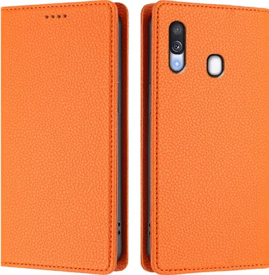 Produktbild von Litchi Leder Handyhülle für Samsung Galaxy A40 Wallet Kartenfächer Standfunktion Hülle Orange