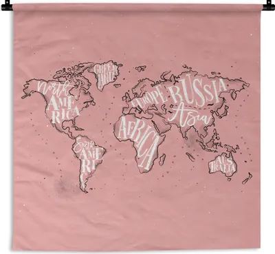 Produktbild von MuchoWow® Wandteppich Wandbehang Weltkarte - Rosa - Weiß - Buchstaben 120x120 cm Tapisserie Dekoration Wandtuch - Modern - Baumwollgewebe