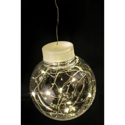A clear glass sphere filled with warm white LED string lights, suspended by a thin wire, with a white cap on top.