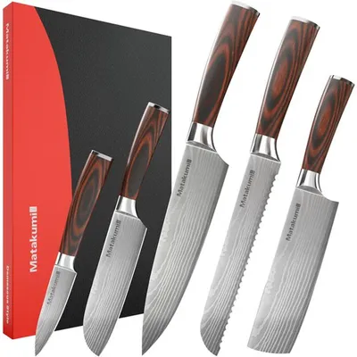 Productafbeelding van Matakumi messen set in damaststijl – 5-delige messen set met damastprint – Japanse keukenmessen – Perfect voor zowel hobbykoks als professionals