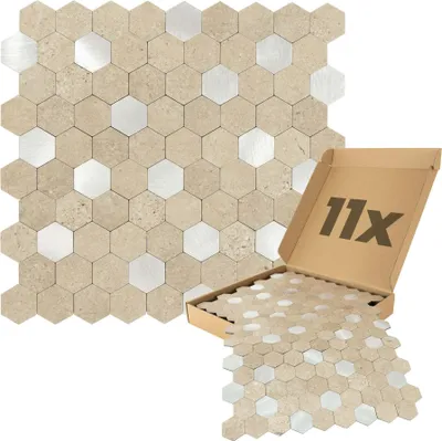 Produktbild von Dalsys Wandpaneele selbstklebend, Hexagon Muster  0,88m², 11 Stück Sand Silber Wandverkleidung feuchtigskeitsbeständig,  für Bad und Küche