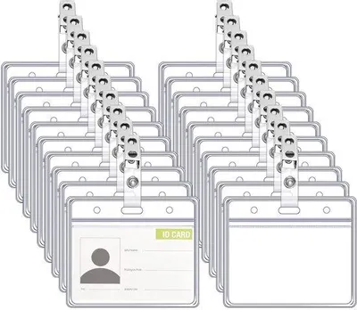 Produktbild von 50 Ausweishüllen mit Clip, 9 x 8,5 cm, transparente Namensschilder für Kleidung, Clip, Ausweishalter mit 50 Clips, wasserdicht, für Ausweis und Personalausweis