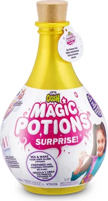 A golden bottle with a cork stopper, labeled 'Magic Potions Surprise!' and showing a girl playing with slime.