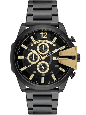 Zdjęcie produktu dla Męski zegarek PERFECT M513CH-07 Chronograph Black Gold - zegarek kwarcowy z datownikiem, bransoleta ze stali nierdzewnej, szkło mineralne, 53 mm, pudełko w zestawie