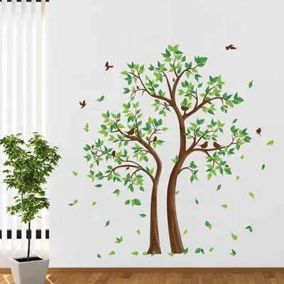 Productafbeelding van Wandsticker boom, groot formaat - Wandsticker bladeren met groentethema - Wandsticker met vliegende vogels, geschikt voor woonkamer en slaapkamer