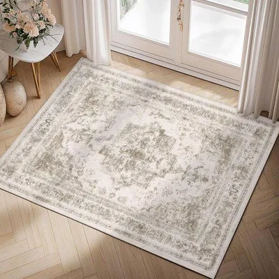 Immagine prodotto di Tappeto vintage Unyqoos® 60 x 90 cm – a pelo corto, in polipropilene con base antiscivolo in TPR, design a motivo medaglione sbiadito, ideale per soggiorno, camera da letto e ufficio