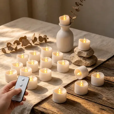 Produktbild von Da by 24er Set LED Fernbedienung Teelichter, Batteriebetriebene mit CR2032 Batterien & Fernbedienung, Flammenlos für Dekoration – Größe Teelicht-24 mit Fernbedienung