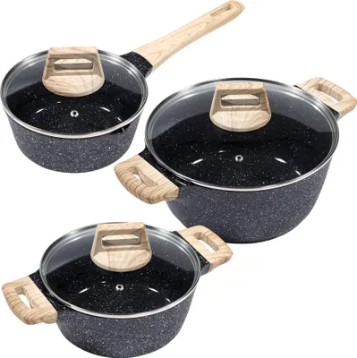 Produktbild von 3tlg. KING® Kochtopfset ESSENTIAL Ø18,20,24cm Töpfe aus Aluminium und mit langlebiger Antihaft-Keramikbeschichtung / 3 Töpfe in den Größen: 18cm, 20cm und 24cm / Innen: WHITFORD FUSION®/ grau marmoriert mit Holzgriff-Optik