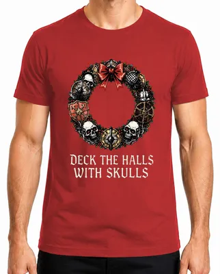 Produktbild von Deck The Halls With Skulls Totenkopf Weihnachtskranz Metal düster Herren T-Shirt, Rot, S
