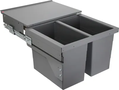 A gray pull-out waste bin system with two compartments.