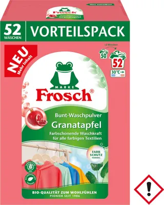 Produktbild von Frosch Granatapfel Bunt-Waschpulver 52 Waschladungen Packung 3,432kg