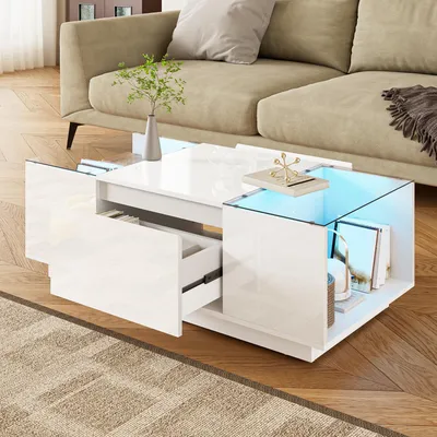 Image de MODFU Table Basse Rectangulaire avec Éclairage LED et 2 Tiroirs, Design Moderne avec Plateau en Verre, 105x50x35 cm - Blanc