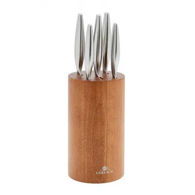 A set of five knives in a wooden block.