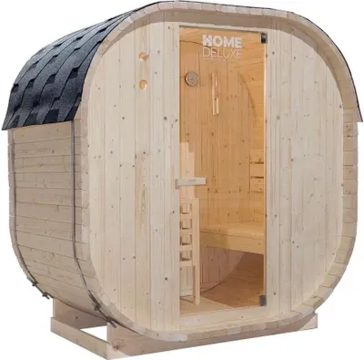 Produktbild von HOME DELUXE - Outdoor Sauna CUBE M - Maße: ca. 194 cm x 195 cm x 120 cm, Holz: Fichtenholz - inkl. Saunaofen und Saunazubehör I Gartensauna, Außensauna, Sauna Fass für 2 Personen