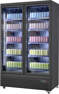 Produktbild von Gastro Getränkekühlschrank | Flaschenkühlschrank | Gewerbekühlschrank | 2 Glastüren | Schwarz | 1038 Liter | 0 bis +10 °C