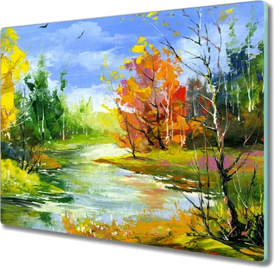 Produktbild von Coloray Herdabdeckplatte 60x52 cm Schneidebrett Kochplattenabdeckung Küchenbrett Hackbrett - Malerei Natur Wald Fluss