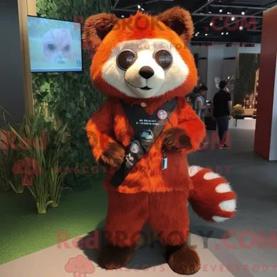 Produktbild von Orangeroter REDBROKOLY Panda Maskottchen Kostüm Charakter gekleidet mit einem Strampler und Haarnadeln