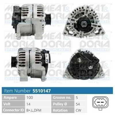 Produktbild von MEAT & DORIA 5510147 Lichtmaschine Generator LiMa 120 100A 14V für OPEL Corsa D Schrägheck (S07) Corsa C Schrägheck (X01) Meriva A (X03) Astra G CC