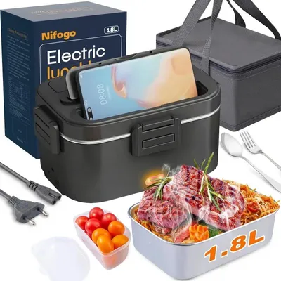 Obrázek produktu pro Elektrická krabička na oběd – ohřívač jídla – 80 W, rychlé ohřívání – 1,8 l – 220 V – nerezový zásobník – izolovaná taška – příbor