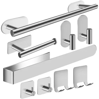 Image de Lot de porte-serviettes pour salle de bain et cuisine, sans perçage. Lot d'accessoires pour porte-serviettes muraux de salle de bain, couleur argent, 9 pièces