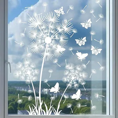 Produktbild von PolkaHome® 2er Set Fensterbilder Löwenzahn selbstklebend Fensteraufkleber Fensterdeko Glasaufkleber für Wohnzimmer Bad Küche (Weiß)