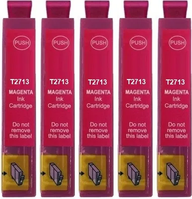 Five magenta ink cartridges are lined up against a white background.