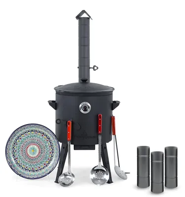 Produktbild von Utschak Feuerofen Ø 40 cm + Gusseisen-Kasan 12 L, runder Boden + Küchenzubehör, Usbekischer Kochtopf aus Gusseisen