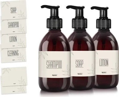 Produktbild von Oputec 3 x 300ml braune Seifenspender aus Kunststoff + Etiketten - Nachfüllbare Shampoo- & Duschgel-Pumpflaschen