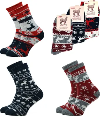 Produktbild von FEBE 3 Paar Alpaka Socken Dman 35-38 Dick Flauschig Warm Alpakawolle Lustige Bunte Wollsocken Wintersocken Norwegersocken
