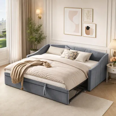 Produktbild von INONEFT Schlafsofa 90 × 200 cm, Polsterbett mit Lattenrost und Kopfteil mit Rückenlehne, Erwachsenenbett mit Ausziehbarem Bettgestell, Samt, Grau