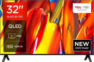 A television screen displaying colorful abstract art, with marketing overlays.