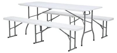 Image de Ensemble de table pliante pour bière, comprenant une table et deux bancs en plastique
