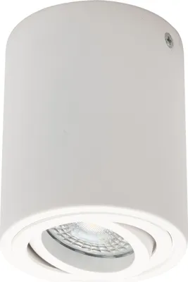 A white cylindrical LED ceiling light with a swiveling spotlight.