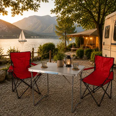 3-tlg. rot Campingmöbel Set, Tisch mit Tragegriff und Campingstuhl mit Tasche
