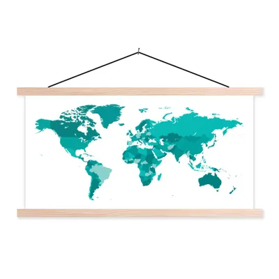 Produktbild von MuchoWow® Textilposter Weltkarten - Weiß - Blau 120x60 cm mit holzfarbenen Rahmen - Klemmleiste