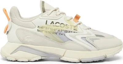 A single white Lacoste sneaker is shown from the side against a white background.