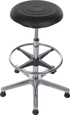 Produktbild von Drehhocker Atlanta | Sitzhöhe 42-61cm | Ø 61cm | Tragfähigkeit 110kg | Polyurethane-Soft Sitz | Aluminium-Fußkreuz mit Fußring & Gleiter | Ringauslösung | Schwarz